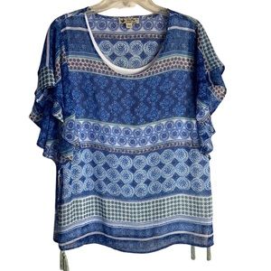 Unity World Wear Boho Chic Sheer Top Flowy Sleeves Blue & White SZ XL Summer